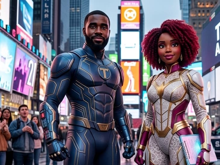 Illustration of a man in a navy superhero suit and a woman with red curly hair in a white and burgundy suit, standing side by side on a city street
