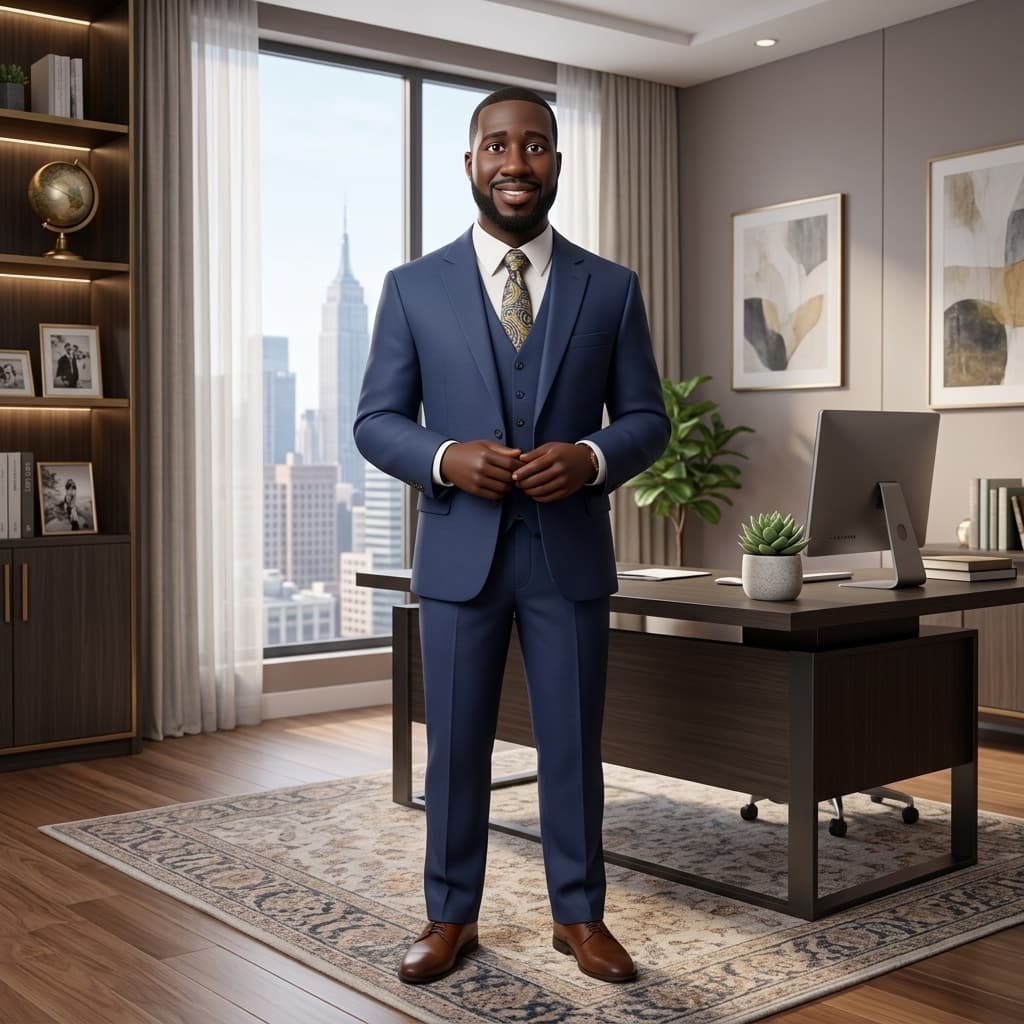 Illustration of David Adams, LPC, smiling in a navy three-piece suit in his office