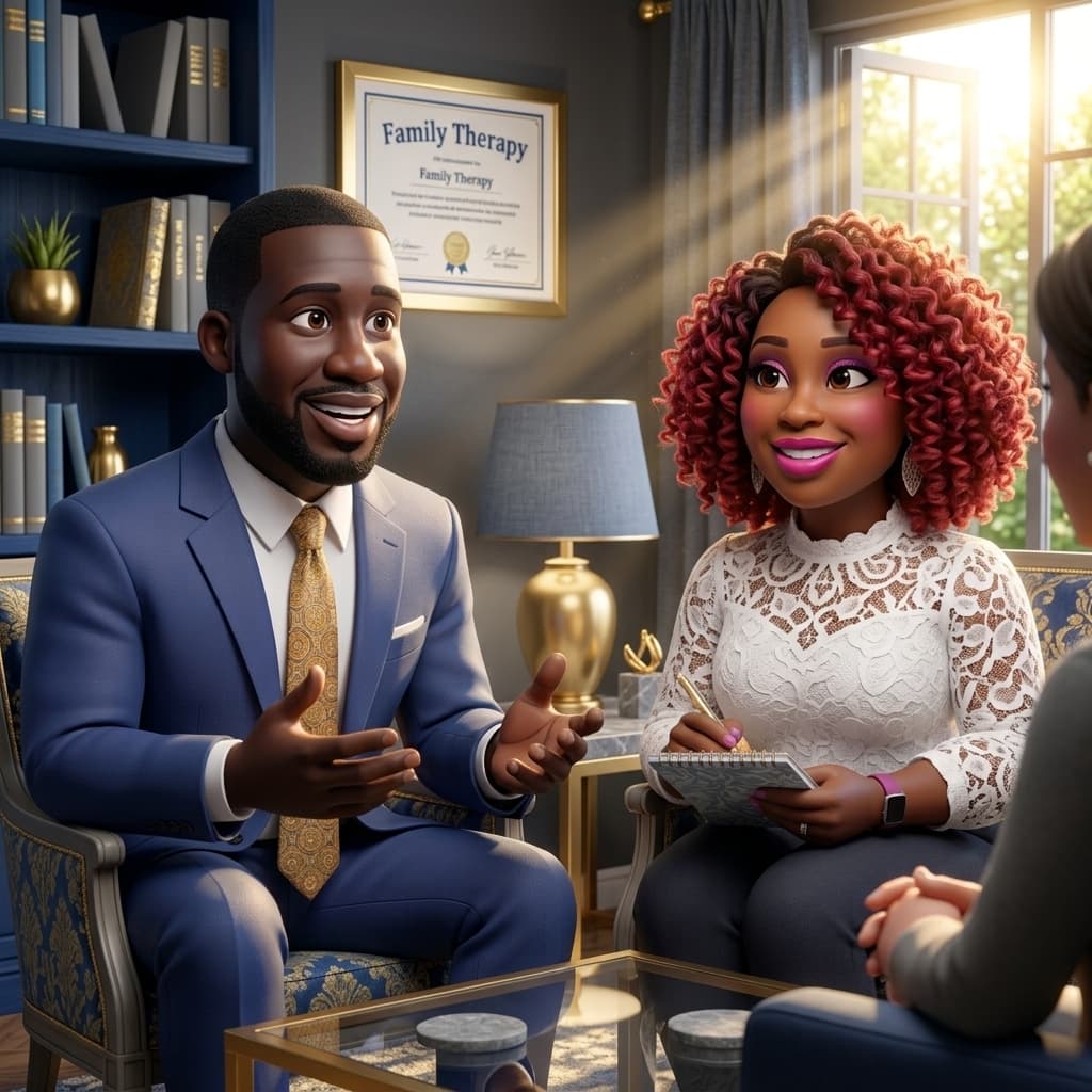 Illustration of a counselor and a colleague in a warm, sunlit therapy room