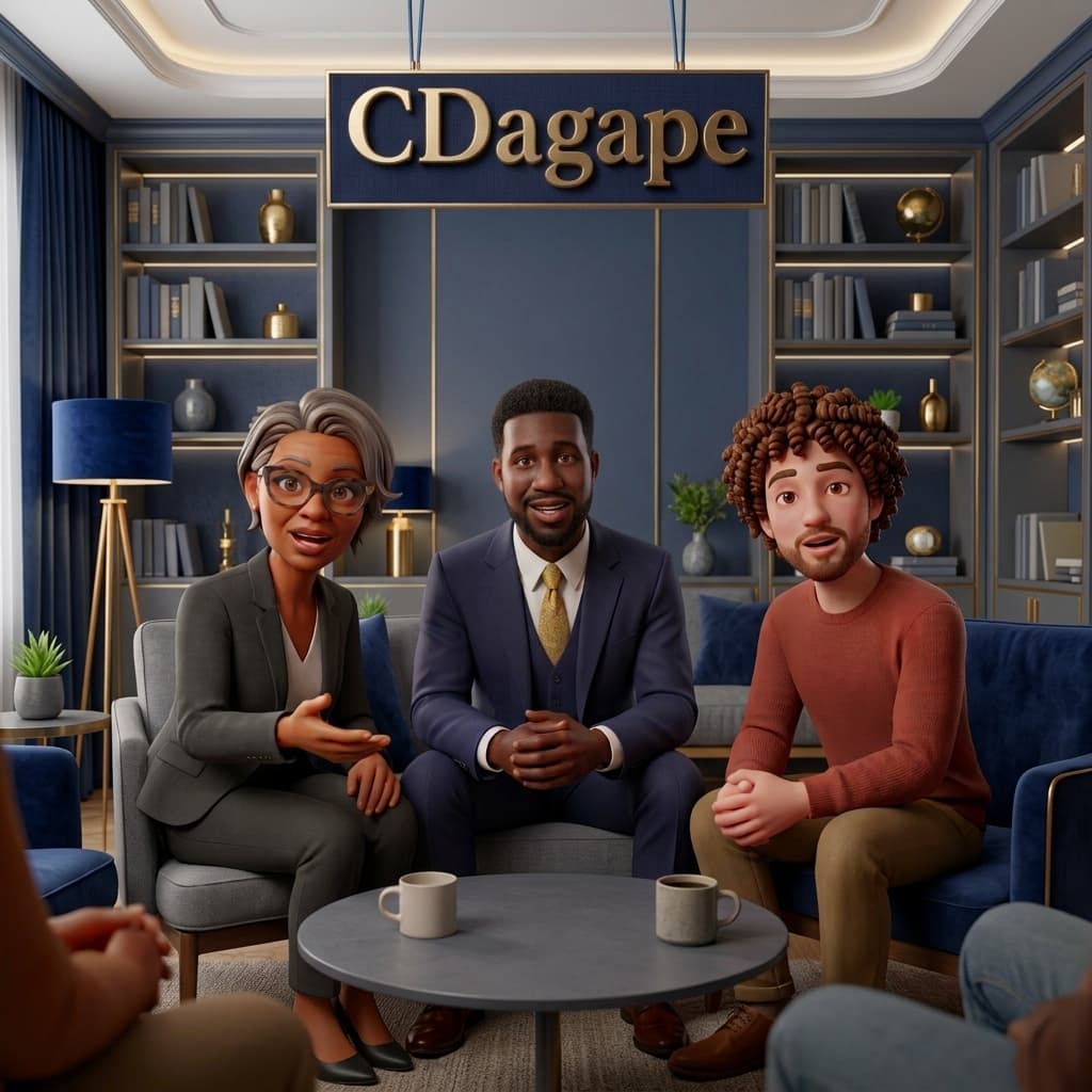 Illustration of three people in conversation beneath a CDagape sign